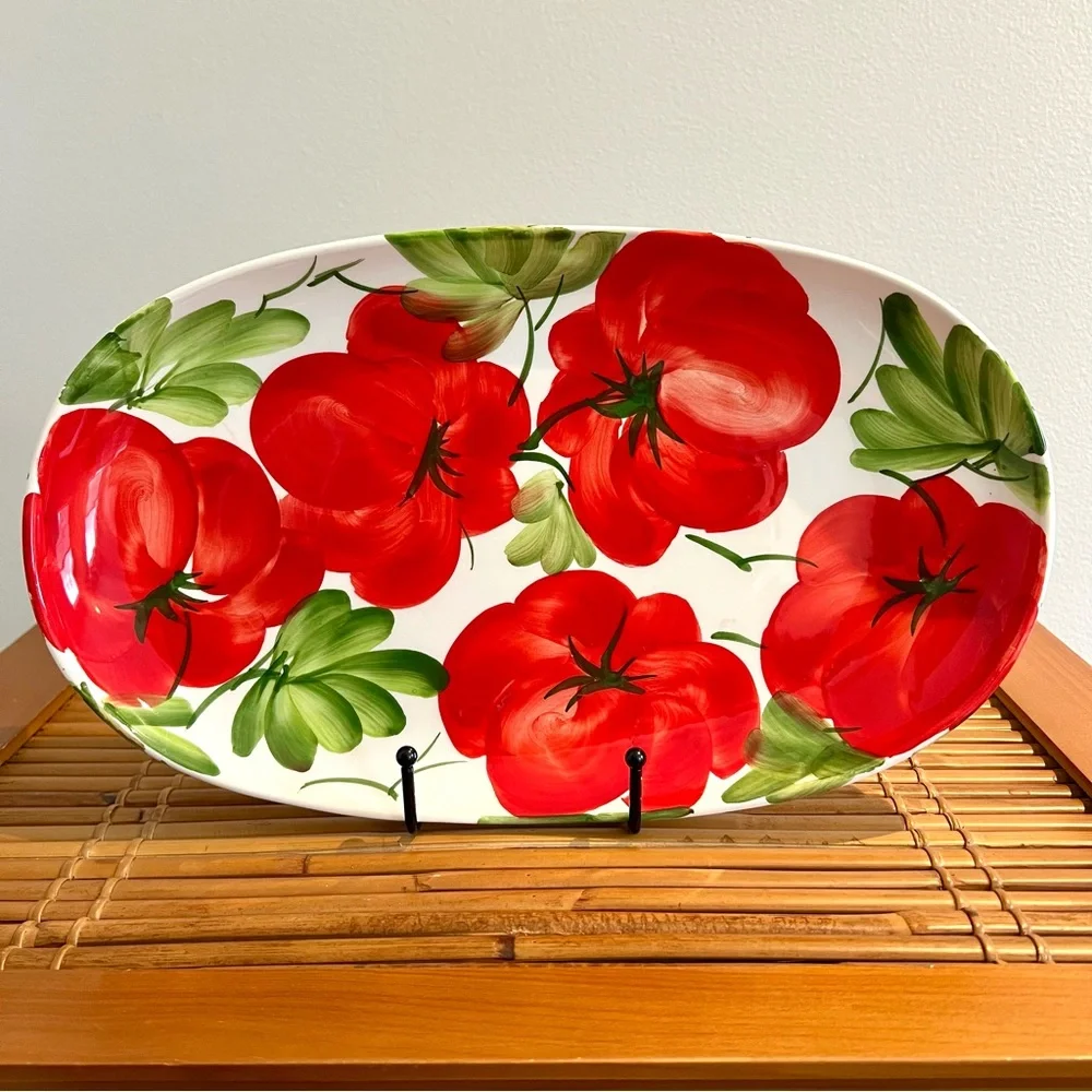 SOLD Vibrant Hand-Painted Ceramic Oval Platter 13", Red Tomatoes, Made in Italy - Picture 1 of 15